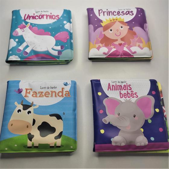 Imagem de Kit livro de banho bebê unicórnio princesa dinossauro animai