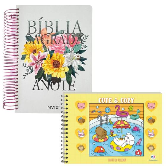 Imagem de KIT Livro de colorir Cute e Cozy Amarelo e Bíblia Anote NVI Nova Versão Primavera