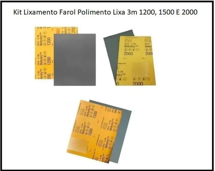 Imagem de Kit lixa dagua 3m 1200, 1500 e 2000 - lixa polimento farol