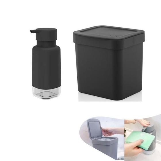 Imagem de Kit Lixeira 2,5L Dispenser Porta Detergente Cozinha - Preto