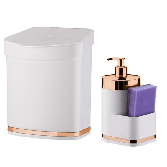 Imagem de Kit Lixeira 2,5L E Dispenser Porta Detergente Esponja Organizadores de Pia Cozinha Branco Cobre Rose Gold - Future
