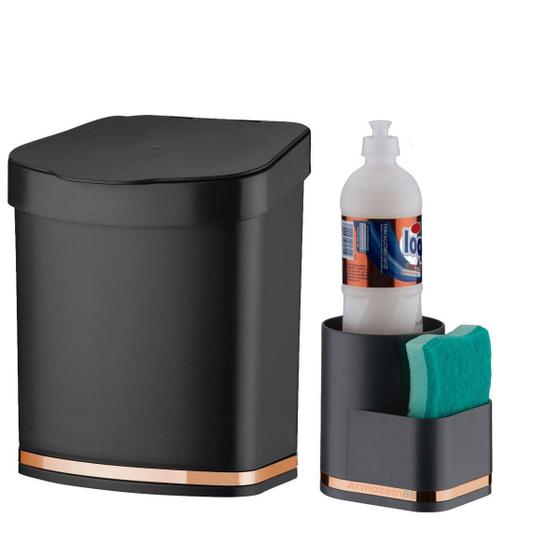 Imagem de Kit Lixeira 2,5L E Porta Detergente Preto Rose Gold Future