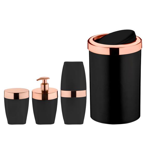 Imagem de Kit Lixeira 8L Basculante Dispenser Sabonete Porta Escova Dente Algodão Preto Rose Gold Banheiro - Future