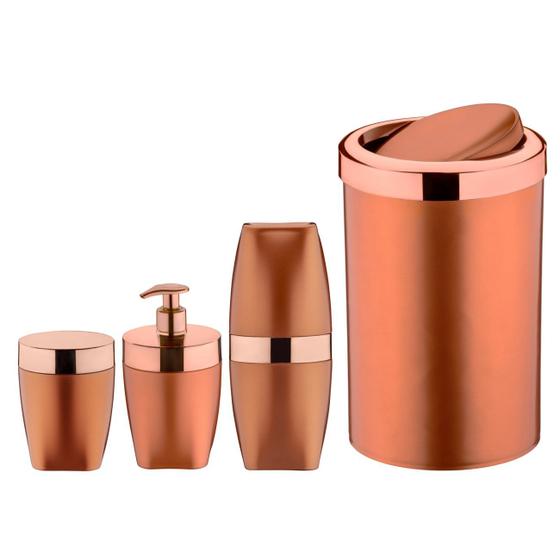 Imagem de Kit Lixeira 8L Basculante Dispenser Sabonete Porta Escova Dente Algodão Rose Gold Banheiro - Future