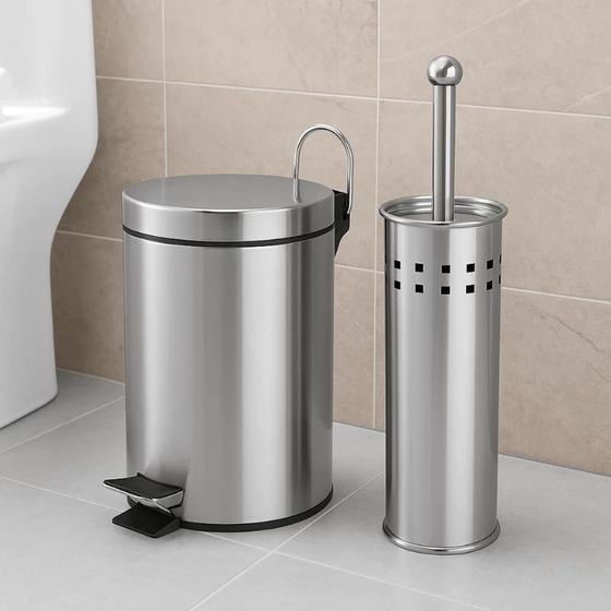 Imagem de kit Lixeira de Aço Inox 3 Litros e Escova Sanitária e Suporte kit com 2 peças para banheiro