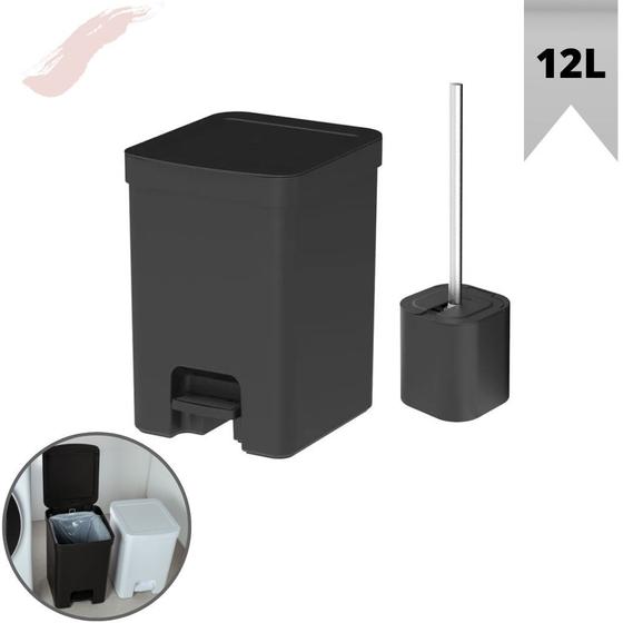 Imagem de Kit Lixeira De Banheiro De Pedal 12L E Escova Sanitária Inox com Suporte tampa Abre e Fecha Linha Dual