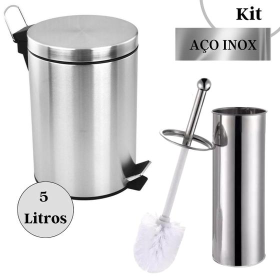 Imagem de Kit Lixeira Inox 5 Litros e Escova Sanitária De Banheiro 