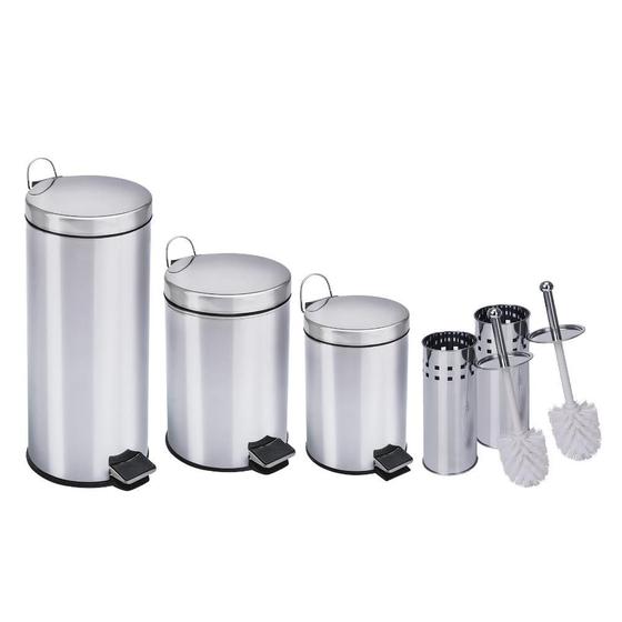 Imagem de Kit Lixeiras inox de 12 litros, 20 litros, 30 litros e 2 escovas sanitária Travel Max
