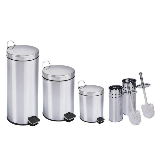 Imagem de Kit lixeiras inox de 5 litros, 20 litros, 30 litros e 2 escovas sanitária Travel Max