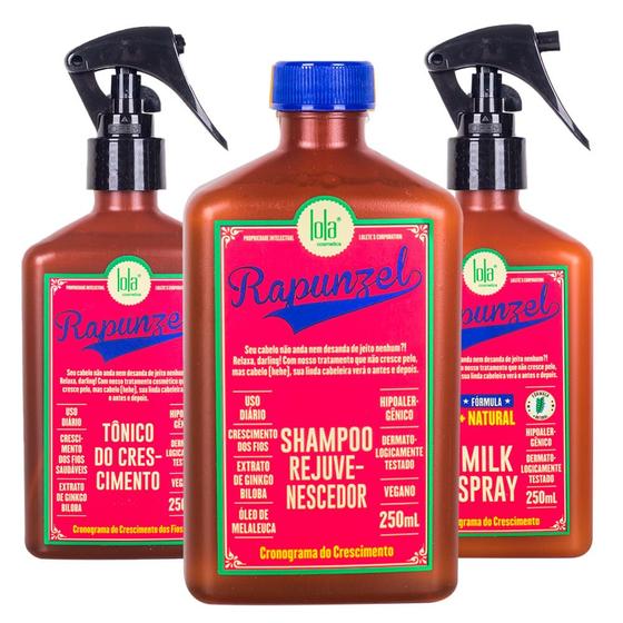 Kit Lola Cronogramama de Crescimento Rapunzel Shampoo, Spray Condicionador e Tônico Capilar - Lola Cosmetics Imagem de Kit Lola Cronogramama de Crescimento Rapunzel Shampoo, Spray Condicionador e Tônico Capilar