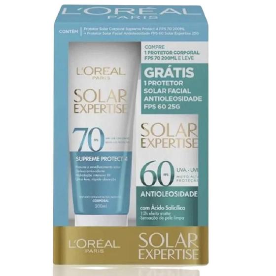 Kit LOréal Paris Protetor Solar Corporal FPS 70 Solar Expertise 200ml + Facial FPS 60 Antioleosidade 25g Menor preço em Kit LOréal Paris Protetor Solar Corporal FPS 70 Solar Expertise 200ml + Facial FPS 60 Antioleosidade 25g