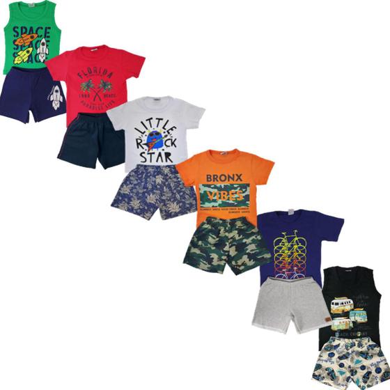 Imagem de Kit Lote 5 Conjuntos Menino Roupa Infantil 5 Camisetas + 5 Shorts Moletom 4 ao 10