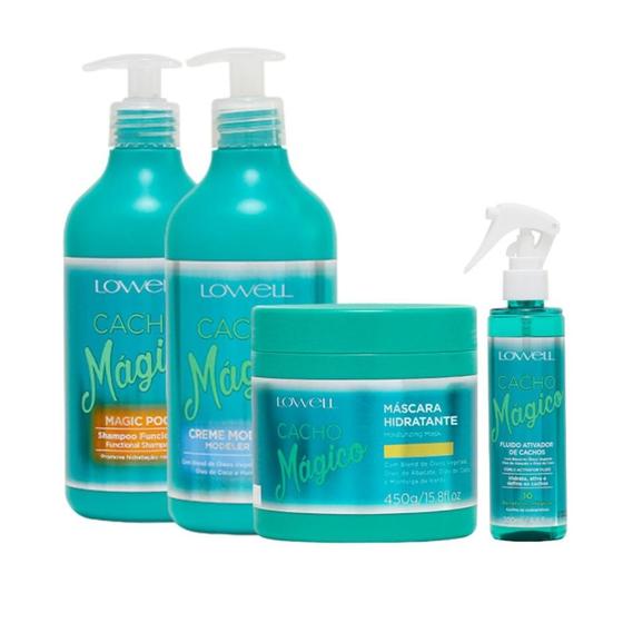 Imagem de Kit Lowell Cacho Mágico Magic Poo 500mL, Creme Modelador 500mL, Máscara 450mL e Fluído Ativador 200ml