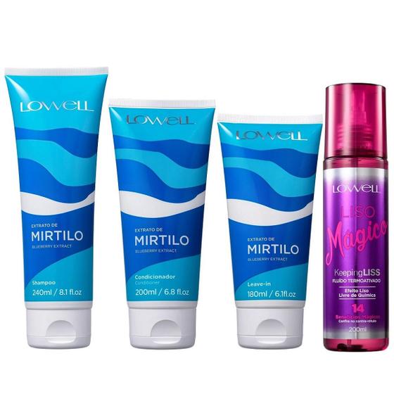 Imagem de Kit Lowell Extrato de Mirtilo Shampoo 240ml + Condicionador 200ml + Leave-in 180ml + Liso Mágico 200ml