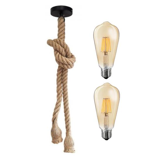 Imagem de Kit Luminária Dupla Pendente Corda Rústico Sisal 1,6 Metros Com 2 Lâmpadas Vintage LED ST64