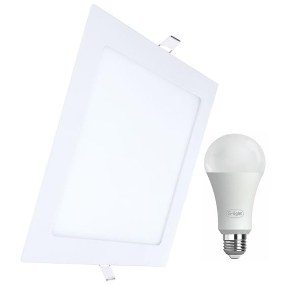 Kit Luminária Led De Teto Embutir 18W Quadrada 6500K Bivolt Com Lâmpada Led A70 20W Branco
