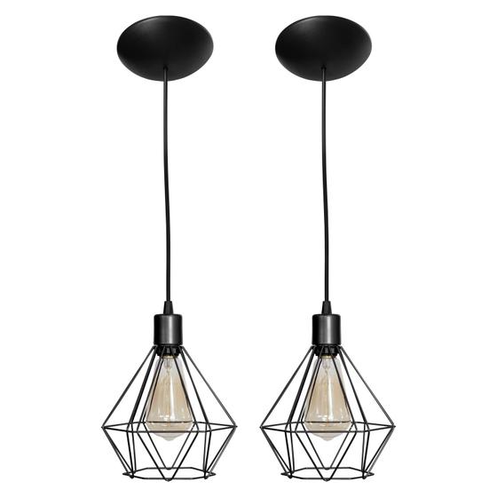 Kit Luminária Pendente Aramado Diamante Preto Com 2 Peças Plug Lar