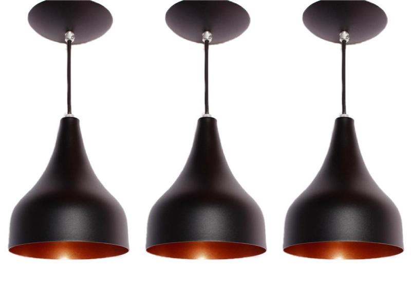 Kit Luminária Pendente Cone Milão Preto E Cobre 3 Peças Oliver