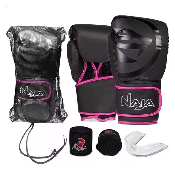 Imagem de Kit Luva Black de Muay Thai e Boxe + Bandagem + Protetor Bucal + Bolsa, Preto/Rosa, 12 Oz