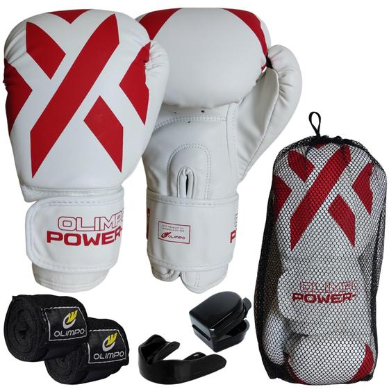 Imagem de Kit Luva Boxe Muay Thai  + Bandagem + Bucal Branco