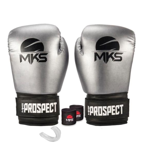 Imagem de Kit Luva Boxe Muay Thai Prospect Prata 12oz + Bandagem + Protetor Bucal MKS Combat