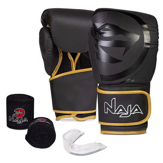 Kit Luva Boxe Muay Thay Naja + Bandagem + Bucal + Bolsa Menor preço em Kit Luva Boxe Muay Thay Naja + Bandagem + Bucal + Bolsa