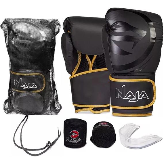 Imagem de Kit Luva De Boxe E Muay Thai Naja Black Line + Bandagem + Protetor Bucal + Bolsa Bag