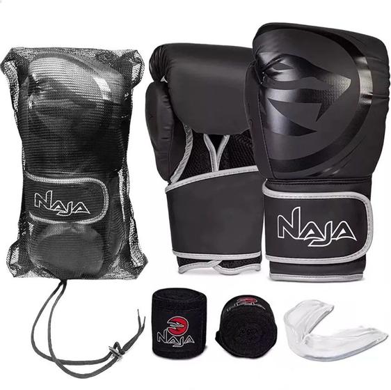 Imagem de Kit Luva De Boxe E Muay Thai Naja Black Line + Bandagem + Protetor Bucal + Bolsa Bag