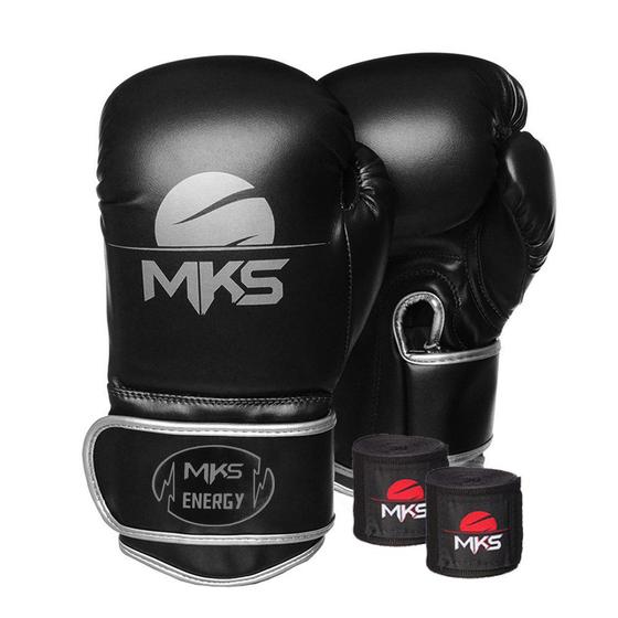 Imagem de Kit Luva de Boxe MKS Energy V2 Black &amp Silver e Bandagem Preta 2,55m