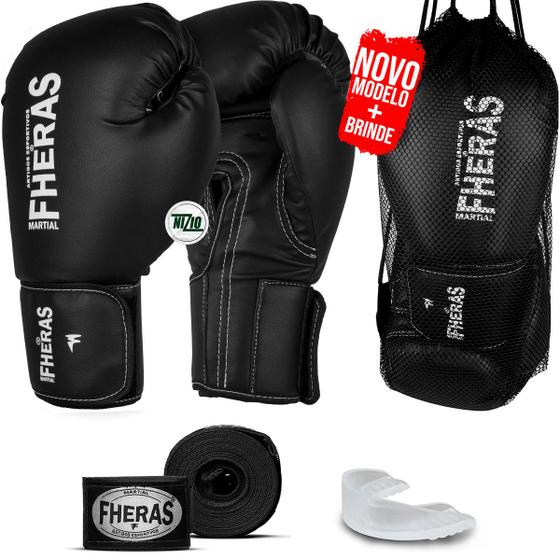 Imagem de Kit Luva de Boxe Muay Thai MMA Bandagem e Bucal 12oz Preto