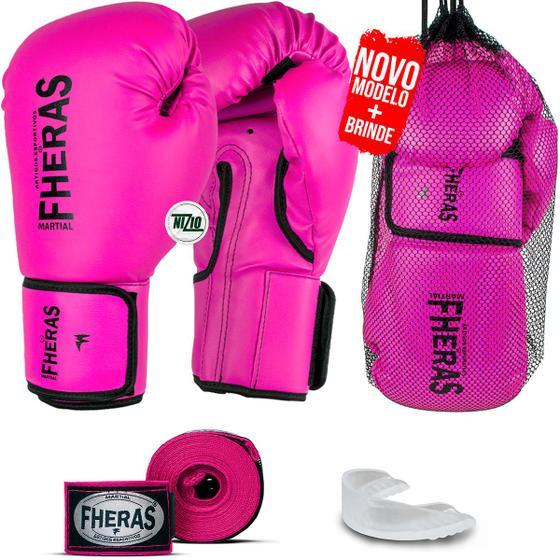 Imagem de Kit Luva de Boxe Muay Thai MMA Bandagem e Bucal Rosa 12oz