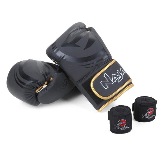 Imagem de Kit Luva de Boxe/ Muay Thai Naja Black 12 Oz + Bandagem + Protetor Bucal + Bag