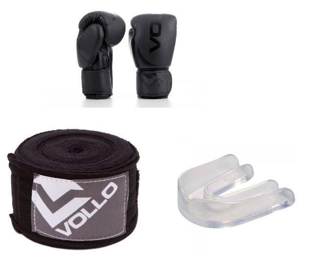 Imagem de Kit Luva de Boxe/Muay Thai Vollo Preta 14 Oz + Bandagem + Protetor Bucal Simples