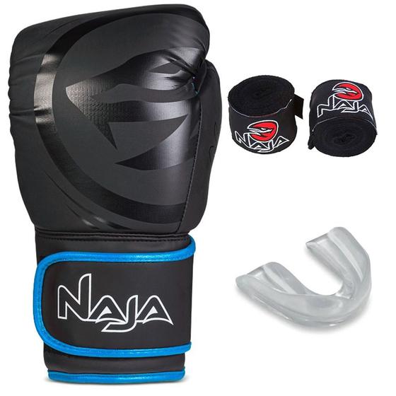 Imagem de Kit Luva de Boxe Naja Black Line Preto com Azul + Bandagem + Bucal