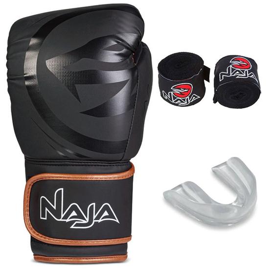 Imagem de Kit Luva de Boxe Naja Black Line Preto com Bronze + Bandagem + Bucal