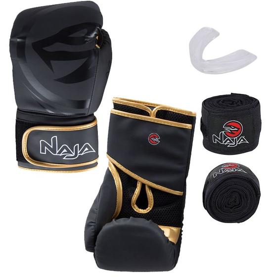 Imagem de Kit Luva de Boxe Naja Black + Protetor Bucal + Bandagem - Preta/Dourada