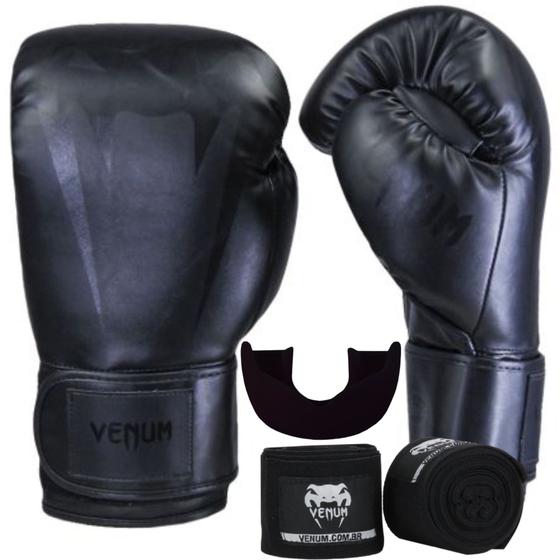 Imagem de Kit Luva De Boxe Venum Giant Full Logo Pro Black Mate + Bandagem 4m + Protetor Bucal