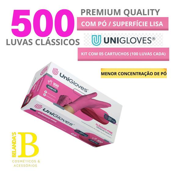 Imagem de Kit luva de latex p/ proc. pink clássico premium quality c/ pó - 500 luvas - tam: p.