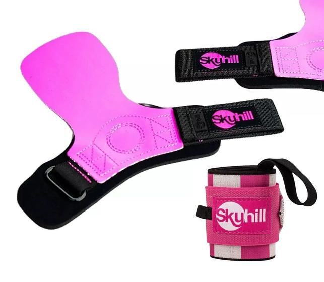 Imagem de Kit Luva Palmar Hand Grip Competition Skyhill + Munhequeira Quadriculada - Rosa