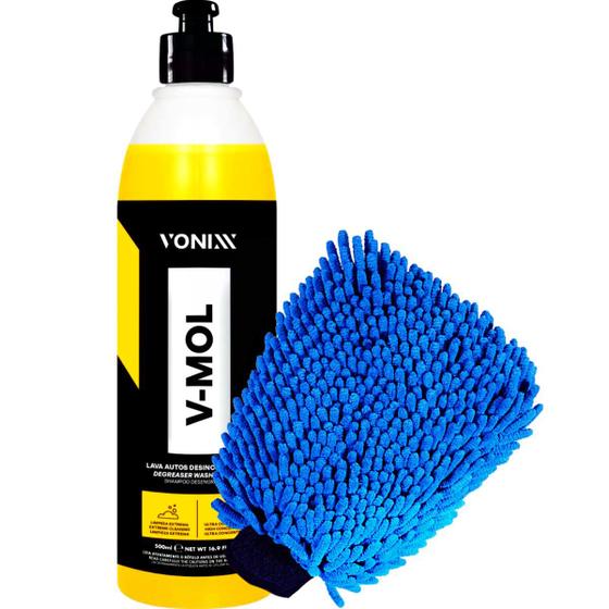 Imagem de Kit Luva Para Lavar Carro Moto Caminhão + Shampoo Automotivo Limpeza Pesada V-Mol 500ml Vonixx