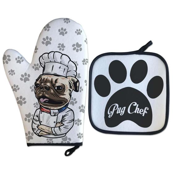 Imagem de Kit Luva Térmica Pug Chef Cozinha Criativa Geek