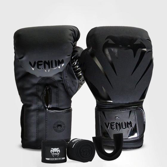 Imagem de Kit Luvas Boxe Muay Thai New Impact Evo Preto, Bandagem e Bucal Venum