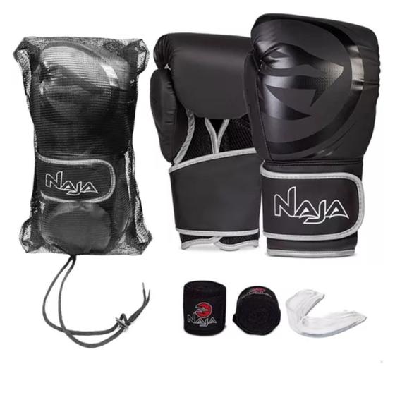 Imagem de Kit luvas de Boxe Muay Thai Naja Black + Bandagem + Protetor Bucal