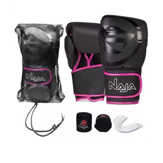 Imagem de Kit luvas de Boxe Muay Thai Naja Black + Bandagem + Protetor Bucal