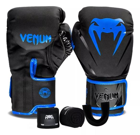 Imagem de Kit Luvas de Boxe Muay Thai New Impact Evo Azul, Bandagem e Bucal Venum