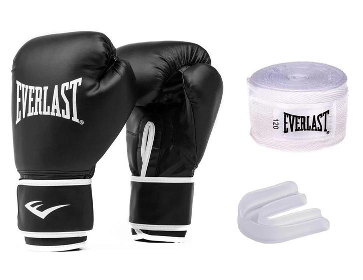 Imagem de Kit Luvas de Treino / Boxe / Muay Thai - Everlast Core + Bandagem + Protetor Bucal