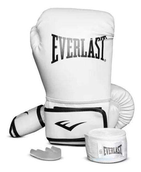 Imagem de Kit Luvas Everlast Core+Bandagem+Protetor Bucal Branco G/Gg