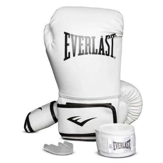 Imagem de Kit Luvas Treino Boxe Everlast Core Bandagem Bucal Branco Protetores Training Branca Cross Lutas