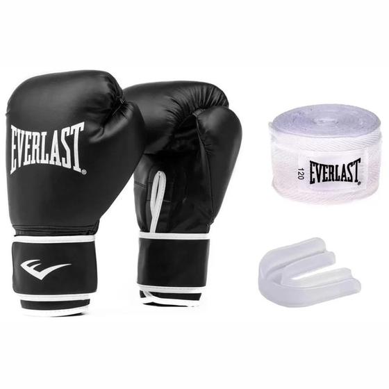 Imagem de Kit Luvas Treino Boxe Muay Thai Everlast Core Bandagem Bucal