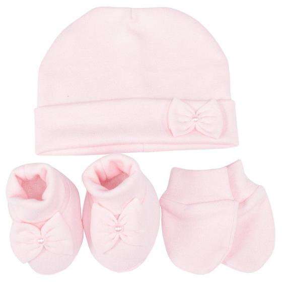 Imagem de Kit Luvinhas Pantufas e Touca Lacinho Rosa Malha